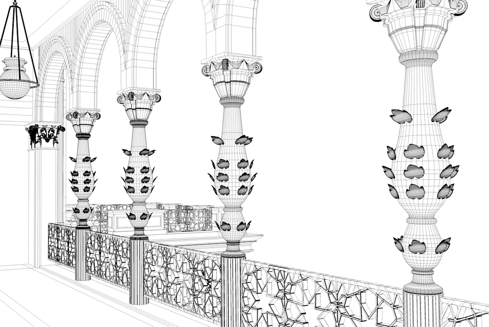 二階ベランダの線画モデル